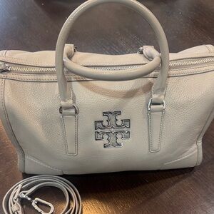 Tory Burch Light Beige Pebbled Leather Satchel with Logo Hardware